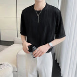 Solid Color New Casual O-neck Short Sleeved Summer Korean White Black Chiffon Trend Slim Supple Men's Clothing