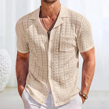 Vacation Seaside Beach Casual Shirts Mens Knitting Short Sleeve Button Lapel Knit Shirt Men Summer Fashion Knitted Texture Shirt