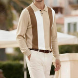 British Retro Men's Knitted Polo Shirt Light Luxury Patchwork Slim-fit Long Sleeve T-shirts Autumn Leisure Business Tops M-3XL