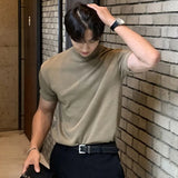 Business Casual Men's T-shirts Knitting Mock Neck Short Sleeve  Loose Male Pullover Tops Solid Color New Spring
