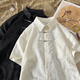 Summer Short-sleeved Shirt Men's New Chinese Men's National Trend Shirt Loose Large Size Metal Button Couple's Top Aesthetic