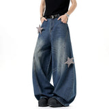 Workwear Curved Knife Jeans Men American Style Star Decoration Wide Leg Male Denim Pants Baggy Straight Trousers New