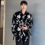 Personality Velvet Male Shirts Lace-up Sequin Embroidery Turn-down Collar Contrast Color Men's Long Sleeve Tops Tide