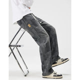 Spring new Men's Jeans Korean Fashion Elastic waist Straight Denim Pants  Washed Cotton Grid diagram Wide Leg Jean Trousers