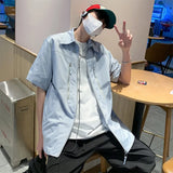 Summer Blue Short Sleeved Shirt Men Oversized Black Casual Shirt Men Streetwear Korean Loose Zipper Shirt Mens Hawaiian Shirts