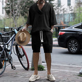 New Summer Men's Set Loose Casual Sports Suit High-quality Jacquard V-neck Short-sleeved Shorts Two-piece Men's Clothing