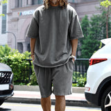 Spring Summer New Fashion Round Neck Long Sleeve Solid Youth Men's Clothing Korean Simplicity Trend All-match Chic Shorts Suits