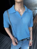 Stylish Refreshing Blue Polo Shirt Hollow Knitted Short Sleeve Summer New Casual All-match T-shirt Top