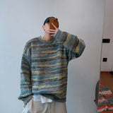 Vintage Striped Sweaters Men Autumn Contrast Color American Commuting Style  All-match Males Knitwear Hip Hop Hipster Pullovers