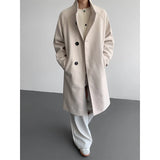 2025 New Autumn Winter Mens Imitation Wool Trench Coat Mid Length Stand Collar Solid Color Windproof Warm Two Button Outerwear