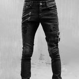 Men Slim Biker Ripped Long Denim Trousers Skinny Jeans Pocket Side Straps and Zips Male Jogging Pants Destroyed Stretchy Pants