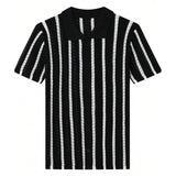 New British Business Men Striped Polo Shirt Light Luxury Hollow Out Knit Short Sleeve  T-shirts Loose Breathable Knitwear S-2XL