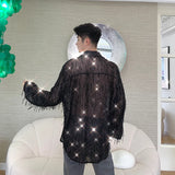 Spring Summer Irregular Sequin Tassel Shirt Streetwear Fashion Long Sleeve Shirts Men's Transparent Nightclub Tops Black/Apricot