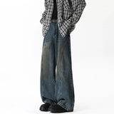 Men Wide Leg Jeans Dark Blue Patchwork High Street Washed Vintage Denim trousers men Loose Trendy Streetwear Oversized