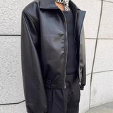 High Street Trendy PU Leather Crop Jacket Casual Textured Locomotive Zipper Turn-down Collar Solid Color Long Sleeve Men's Coats