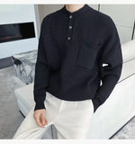 Korean Popular Men's Henry Collar Sweater Light Luxury Knit Long Sleeve Button Pullover Trending Jacquarded Solid Color Knitwear