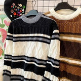 American autumn and winter street fashion personalized jacquard round neck pullover for couples loose retro color blocked knit