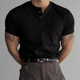 Spring Summer Casual Henley Shirts Mens Vintage Solid Color Buttoned O Neck Tees Men Stylish Slim Fit Short Sleeve T-shirt