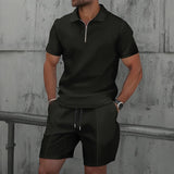 Spring Summer Casual Mens Waffle Sets Stylish Short Sleeve Zipper Polo Shirt And Shorts Men Outfits Fashion Two Piece Suits