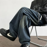 Mens Straight Leg Jeans Elastic Waistband Drawstring Comfort Fit Denim Casual Trousers Adjustable Waist Relaxed Fit