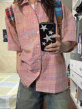 Pink Plaid Women Vintage Shirt Loose Casual Short Sleeve Y2K Blouse American Retro Design Summer Streetwear Pocket Tops