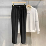Autumn Winter Men's Woolen Suit Pants Formal Business Office Slim Straight Elastic Waist Korean Casual Tapered Brown Trousers