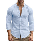 Spring and Summer Men's Shirt Cotton Linen Slim Casual Hawaii Solid Colour Basic Style Breathable Men's Versatile Tops