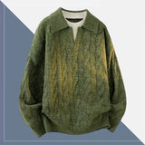 Korean Luxury Jacquard Men Polo Sweater Loose V Neck Knit Solid Color Pullover Casual Premium Quality Long Sleeve Knitwear M-3XL