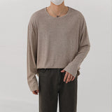 Korean Fashion Men T-shirt Luxury Knitted Solid Color Scoop Neck Long Sleeve Tees Casual Premium Quality Textured Knitwear M-3XL