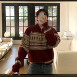 American style autumn and winter street fashion half zipper polo sweater for couples loose retro red Harajuku knit top y2k