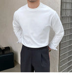 New Autumn Fashion Men T-shirt Light Luxury Solid Color Long Sleeve Tops Leisure Streetwear Casual O Neck Basic Shirts M-3XL