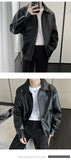 New Autumn Men's Casual Textured PU Leather Jacket High Street Zip-up Turn-down Collar Solid Color Long Sleeve Retro Coats M-3XL