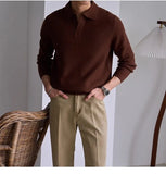 Men's American Retro Polo Sweater Luxury Trendy Business V Neck Knit Solid Color Pullover Leisure Slim-fit Long Sleeve Knitwear