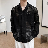 New Chic Men Hollow Out Cardigan Tops Light Luxury Korean Style Long Sleeve Shirts Casual Retro Solid Color Button-down Blouse