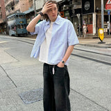 Brushed American Blue Striped Short Sleeved Shirt with Raw Edges for Men and Women's Casual Shirts Casual Streetwear