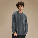 Spring New Trendy Batik Wash Long Sleeve T-shirt Men's Wear Round Collar Pullover Couple Top Vintage Tees Solid Color