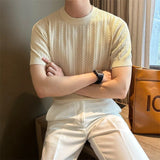 Men's Clothing Fashion Hollow Out Tops Knit Luxury O Neck Short-sleeved T-shirt Leisure Korean Popular Retro Slim-fit Knitwear