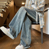 Men Denim Pants Elastic waist pull rope Straight Droop Vintage Loose Bottom Straight Wide Leg Casual Male Trousers Korean Style