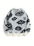 New American Trendy Men Sweater High Street Dark Eyes Printed Knit O Neck Long Sleeve Pullover Casual Loose High Street Knitwear