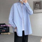 Blue Striped Shirt Men Fashion Society Mens Dress Shirt Korean Loose Long Sleeved Shirt Mens Casual Shirts Large Size 5XL