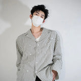 White Long Sleeved Shirt Men Fashion Society Mens Dress Shirt Korean Loose Blue Striped Shirt Mens Double Breasted Casual Shirt