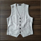 Simple Vintage Vest Summer Retro Men's Button Waistcoat Vest Grey Stylish Slim Casual Cotton Linen High-end Sleeveless Blazer