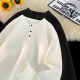Spring NEW Mens Long Sleeve T Shirts Casual Round Neck Tees Button design White Black Undershirts Loose Fit Tshirts