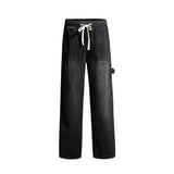Autumn New Men's Fashion Jeans Patch Pockets Korean Wide Leg Loose Straight Trousers Drawstring Elastic Waist Pants Black Blue