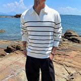 American Chic Striped Men Polo Sweater Luxury Trendy Business V Neck Knit Solid Color Pullover Leisure Slim Long Sleeve Knitwear