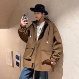 Outdoor jacket Streetwear Coffee Cargo Jacket Men Women Spring Harajuku Coat Korean Fashion Big Pocket Loose Casual 4Colors