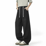 Washing Men's Denim Pants Drawstring Solid Color Casual Elastic Waist Streetwear Wide Leg Loose Male Simple Jeans