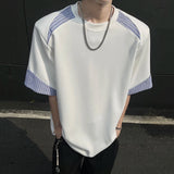 Shoulder Padded Male T-shirts O-neck Fake Two Pieces Striped Contrast Color Short Sleeve Loose Men's Tees Korean Top