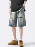 Men Ripped Jeans Shorts Y2K Streetwear Retro Trendy Straight Leg Mid Waist Denim Short Summer Designer Popular Original Pants