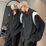 Men Trendy Contrast Color Casual Streetwear Oversized Zipper Shirts Y2K Harajuku Long Sleeve Pocket Chic Tops Camisas De Hombre
